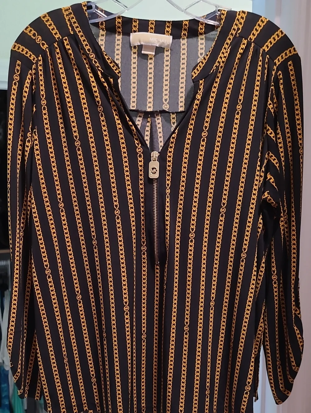 Michael Kors Black Blouse with Gold Chain-Stripe Zip Front